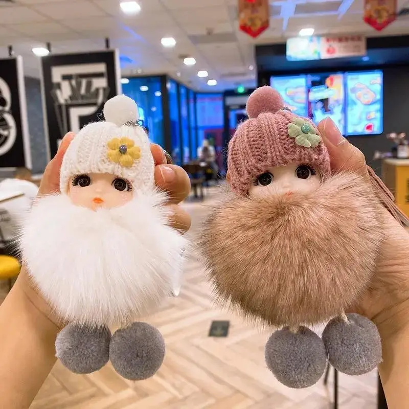 Pompom Smiling Doll Keychains Cute Fluffy Plush Doll Key Chain For