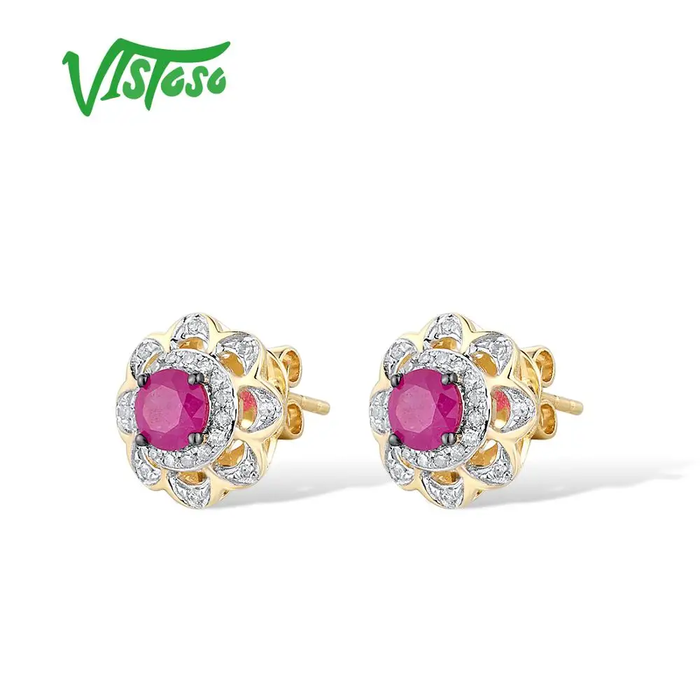 VISTOSO 14K 585 Yellow Gold Stud Earrings For Women Sparkling Natural Ruby Diamond Delicate Flower Elegant Trendy Fine Jewelry