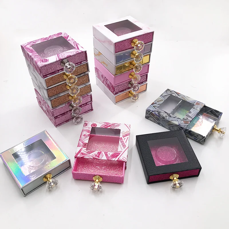 Wholesale Eyelash Packaging Box Crystal Handle Square Lash Boxes for 25mm Mink False Eyelashes Empty Money Marble Lashes Box