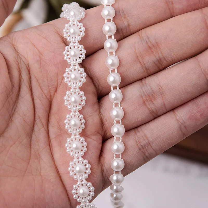 Imitation Pearl Guipure Ribbon White Crystal Beads For Wedding Dress Decoration Clothing DIY Crafts 7/10mm Wide Sewing Accessory