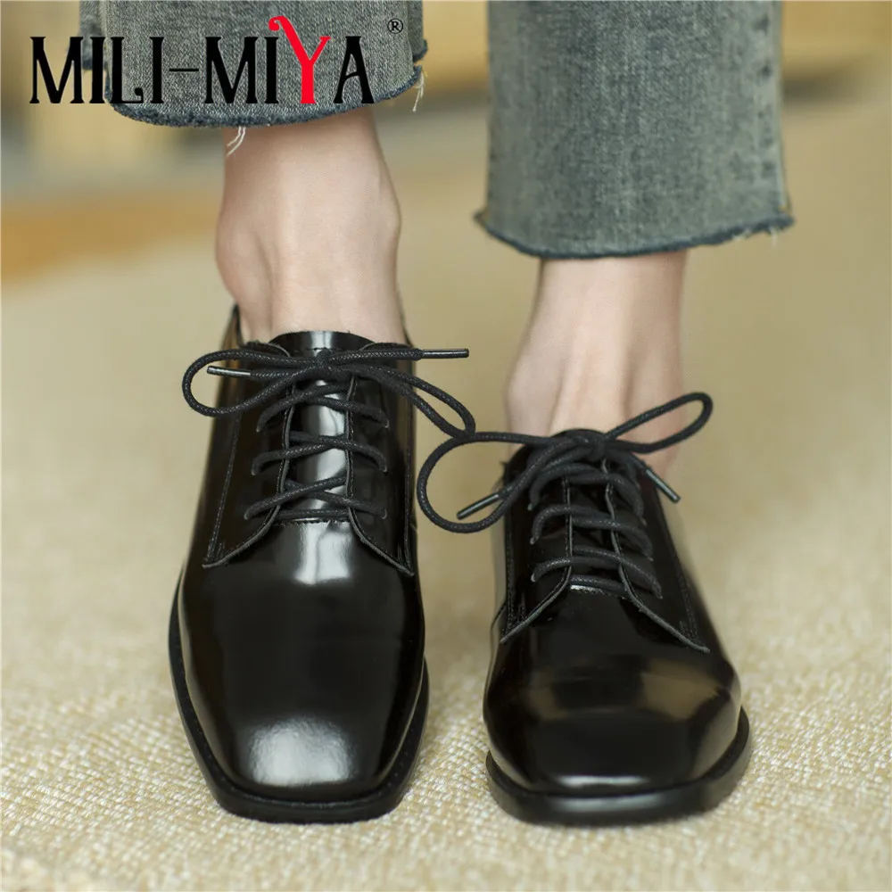 

MILI-MIYA Fashion Cow Leather Square Toe Low Heel Sweet Dating Spring Loafer Shoes Concise Lace Up Vintage Solid Women Pumps