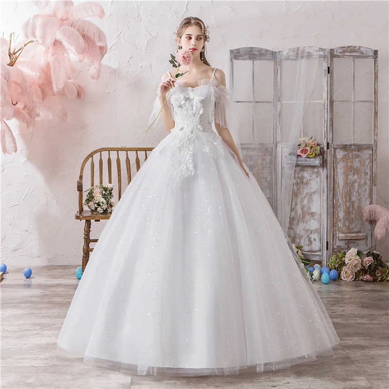 Chaep simple Ball Gown Spaghetti Straps Off White Tulle Wedding Dress 2020 with Flower Bridal Dress Marriage Customer Plus Size