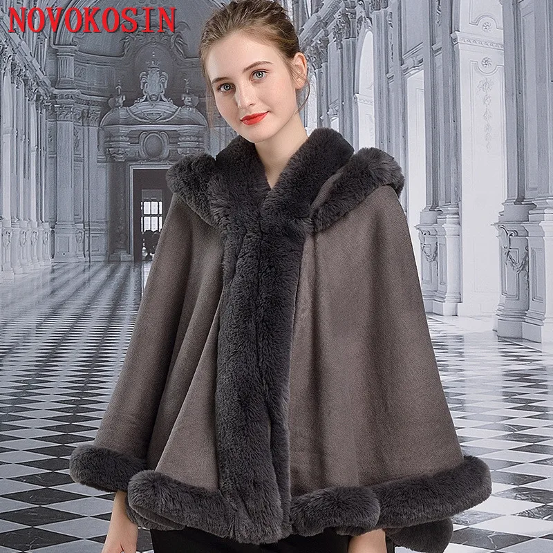 Poncho de invierno con cuello de piel sintética para mujer, abrigo grueso blanco y negro, chal cálido, capa grande, cárdigan de péndulo, abrigo