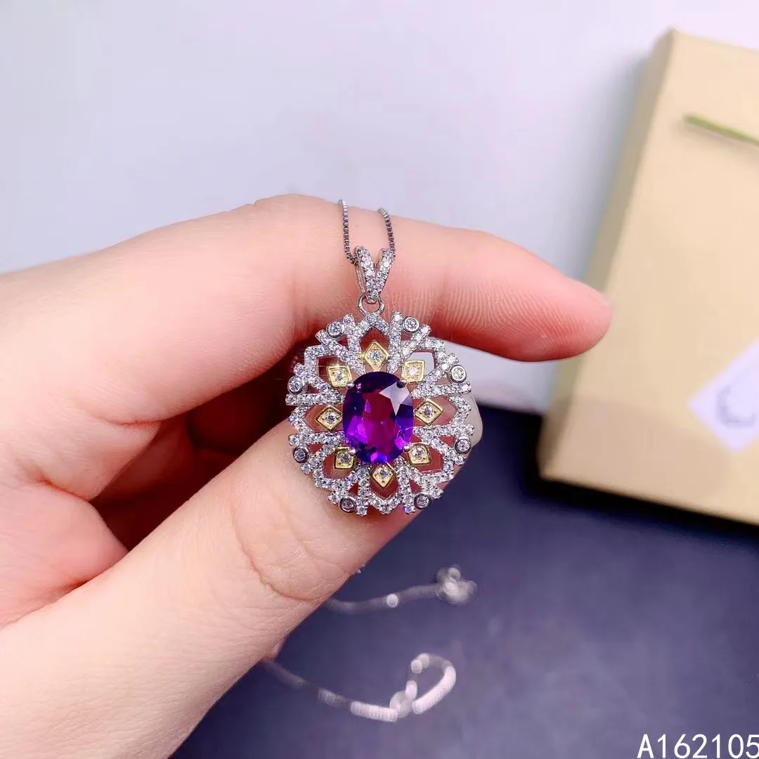 

Fine jewelry 925 pure silver inlaid natural amethyst girl luxury classic oval Chinese style gem pendant necklace support detecti