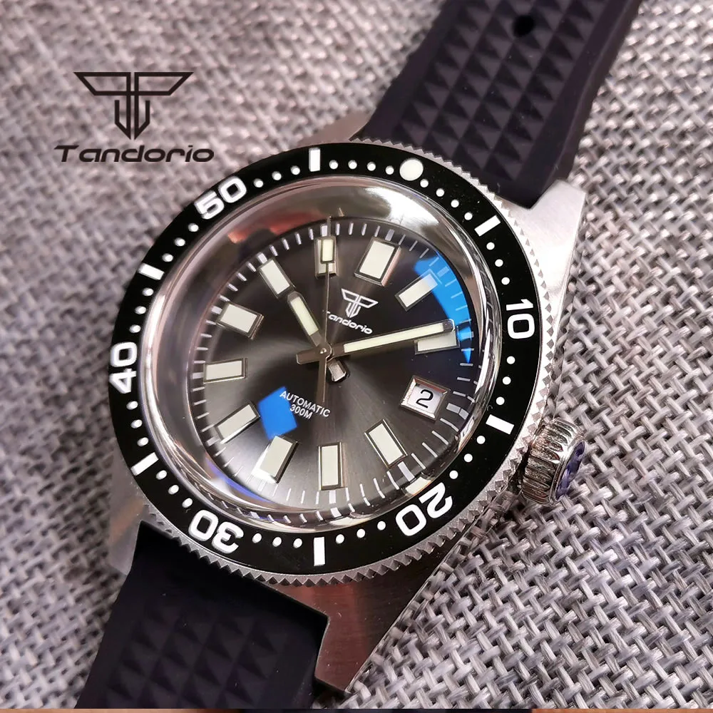 Tandorio 41mm 62mas Automatic Men Watch Silver Ring Sapphire Glass AR Coating PT5000 NH35A 300M Grey Sunburst Dial Rubber Strap