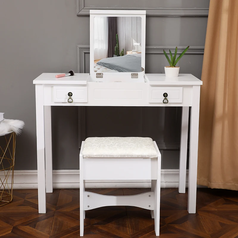 (90 x 40 x 75-112)cm Dressing Table Flip Single Mirror Double Drawers Straight Feet Dresser with Dressing Stool  White