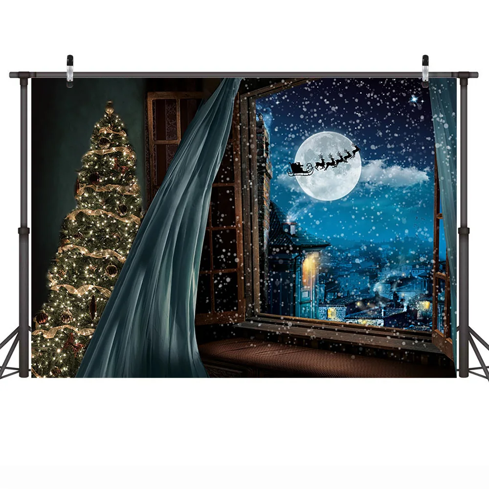 หน้าต่างคริสต์มาสครอบครัวภาพพื้นหลังหมู่บ้านฤดูหนาวDreamy Starry Sky Christmas Treesฉากหลังถ่ายภาพ