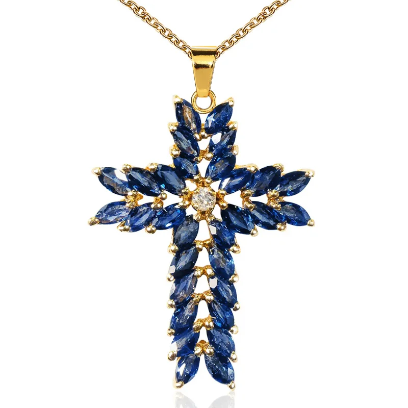 Huitan Luxury AAA Navy Color Cubic Zircon Cross Pendant Necklaces Delicate Women Stylish Accessories for Party Fashion Jewelry