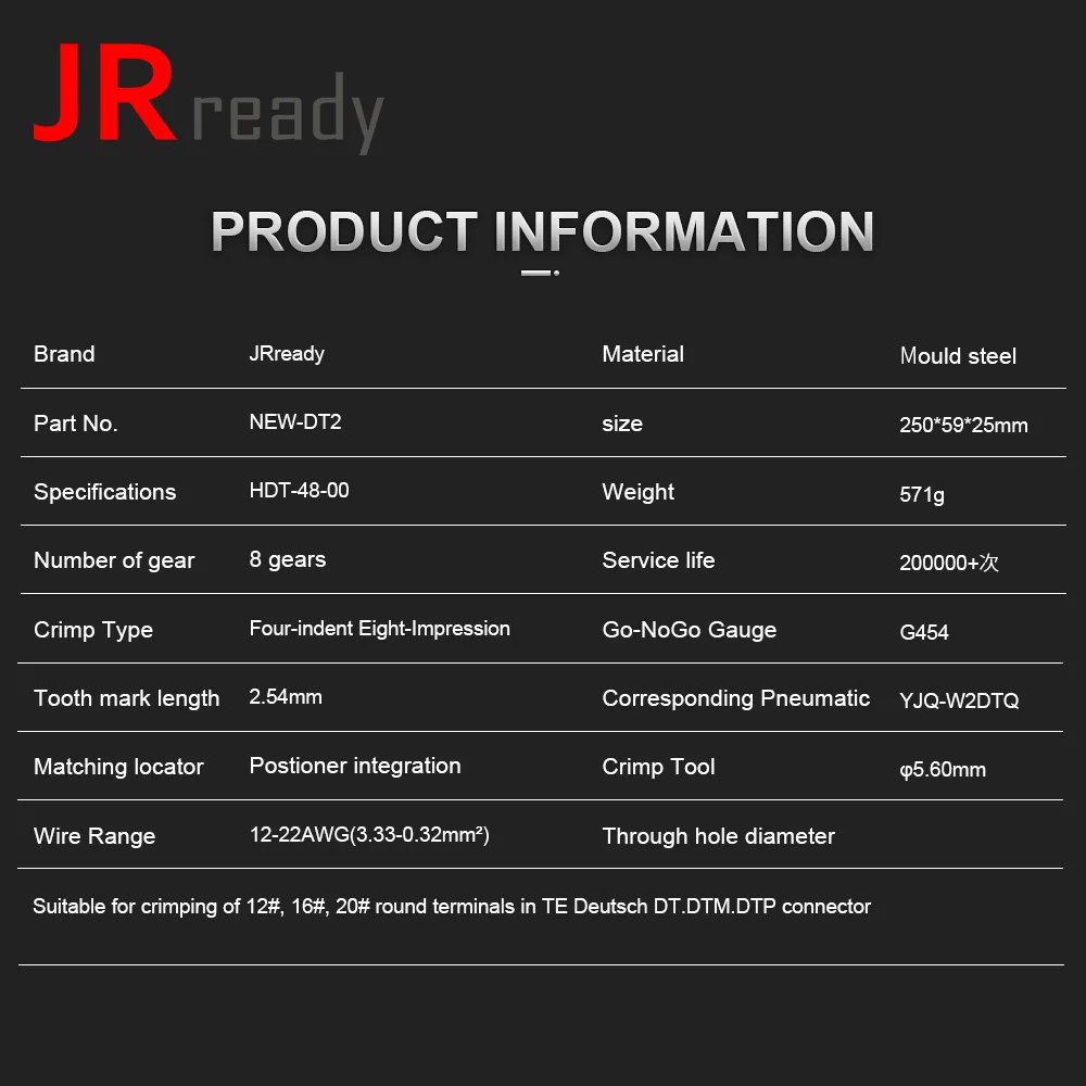 JRready New Product NEW-DT2 Deutsch Wire Crimper 12-22AWG For 12# 16# 20# Terminal Work With DT DTM DTP Series Connector