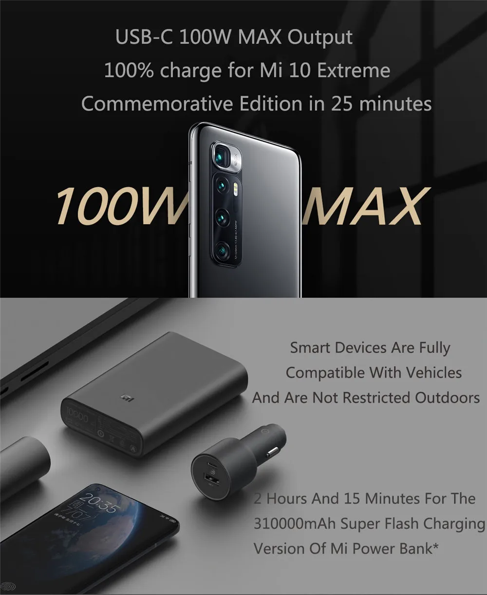 Xiaomi Mi Car Charger 100W MAX 1A1C Fast Charging Dual-port USB-A USB-C Smart Device Fully Compatible With Light Effect Display