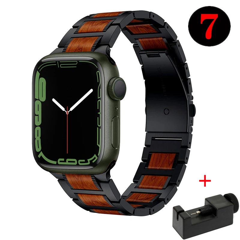 

Wooden Sandalwood strap for Apple Watch band 41mm 45mm 44mm 40mm 42mm 38mm iWatch 7 SE/6/5/4/3/2/1 Stainless Steel Link Bracelet