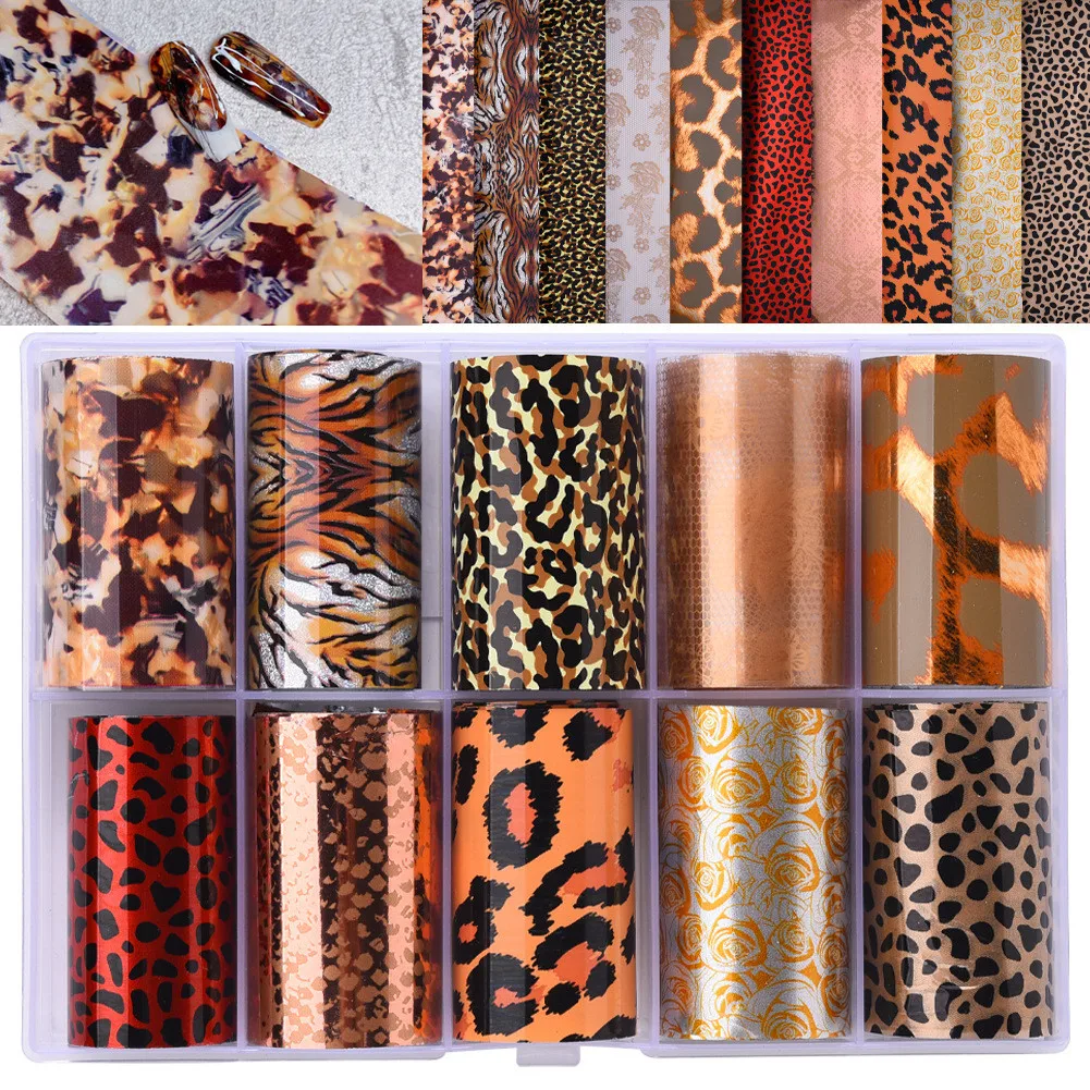 10 Rolls Leopard Print Nail Foils Transfer Paper Amber Nail Art Stickers Snake Skin Manicure Set Decal Animal Nails Decoration