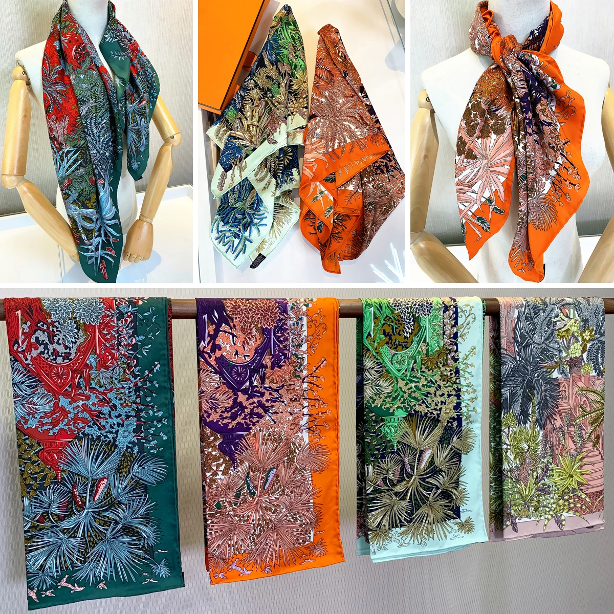 Plant jungle female twill square scarf Square Scarf Women Bandana Handmade Curled Twill Shawl Brand Silk Scarf Head HijabScarves