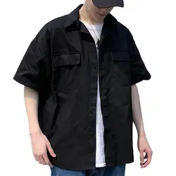 Short Half Sleeves Tooling Shirt Pocket Street Men Plain Loose Casual Blouse Top