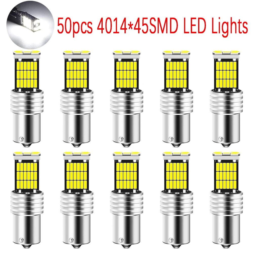 50pcs Car LED Lights 1156 BA15S 1157 BAY15D Canbus Turn Signal Lamps T20 7443 3157 No Error 4014*45SMD For Brake Bulbs 12V White