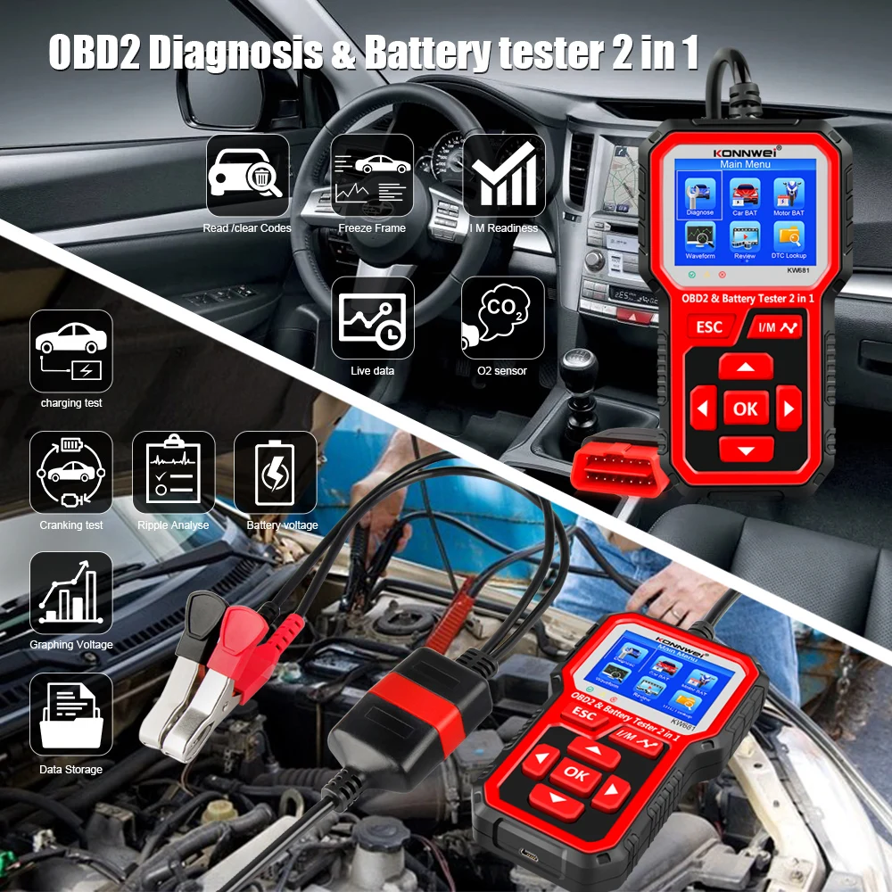 KONNWEI KW681 Tester batteria per 6V-12V obd 2 Auto moto strumento diagnostico automatico 2 in1 2000 CCA Scanner OBD2 per Auto