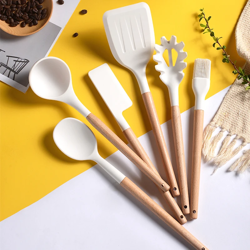 White Cooking Kitchenware Tool Silicone Utensils With Wooden Multifunction Handle Non-Stick Spatula Ladle Egg Beaters Shovel