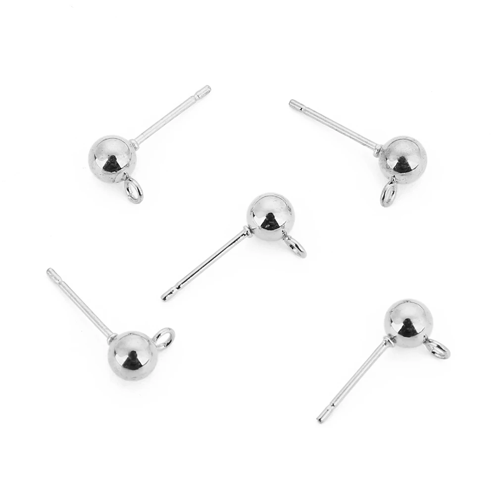 20pcs/lot Surgical Stainless Steel 3 4 5 6mm Round Ball Earrings Stud Post with Loop Fit Women DIY Earring Jewelry Making Craft