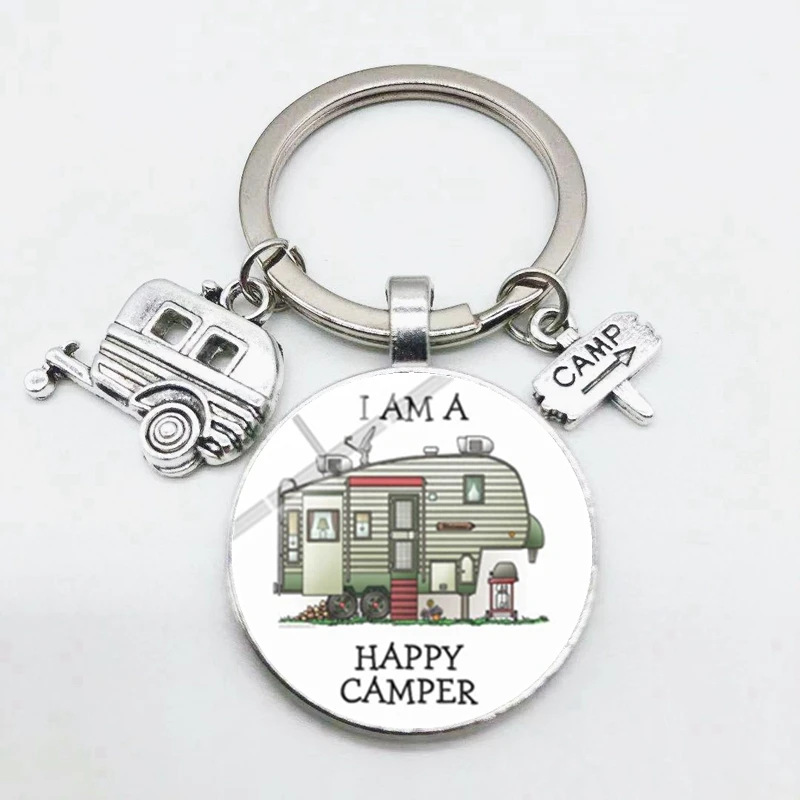 Best Selling Models Go Camping Cute Wagon Keychain Signposts To Travel Car Keychain Round Glass Keychain Gift