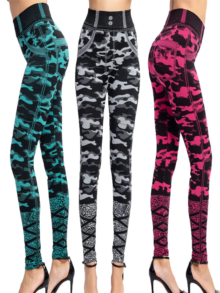 Ygyeeg Faux Jeans Leggings Vrouwen Stretch Camouflage Gedrukt Enkellange Broek Zomer Hoge Taille Camo Naadloze Sport Jeggings