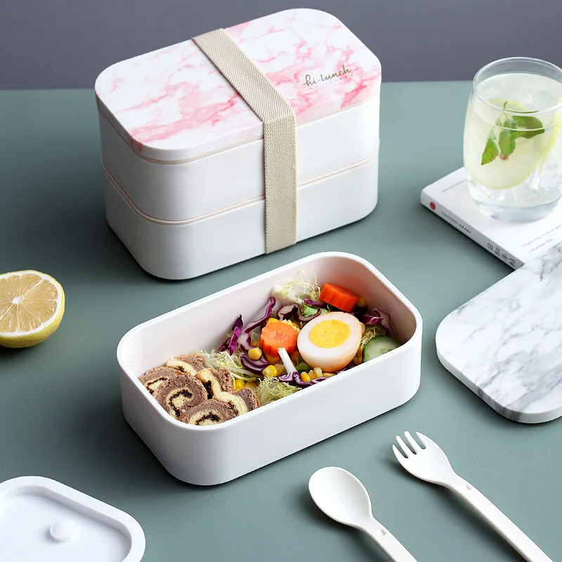 Marble Pattern Lunch Box Kid Students 2-layer Bento Box Food Packaging Plastic Container Microwave Heating Lunchbox with Cultery