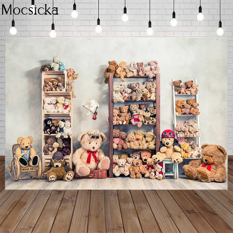 

Plush Toy Bear Photography Backdrop Bear Shop Cupboard Vintage Wall Wooden Board Child Baby Shower Newborn Cake Smash Background