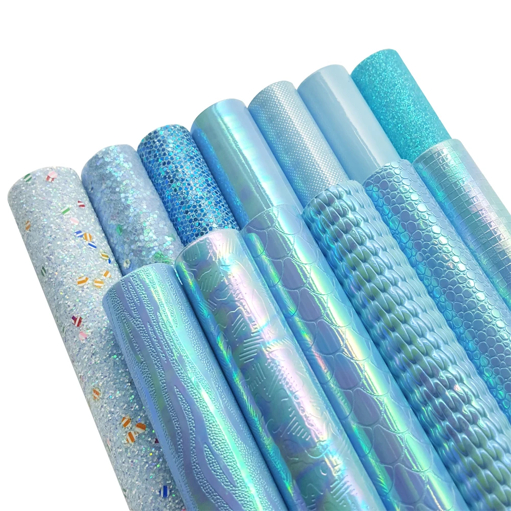 QIBU 22*30cm 13pcs Blue Synthetic Leather Chunky Glitter Holographic Fabric A4 Mermaid Smooth Vinyl Fabric Material For Bows Bag