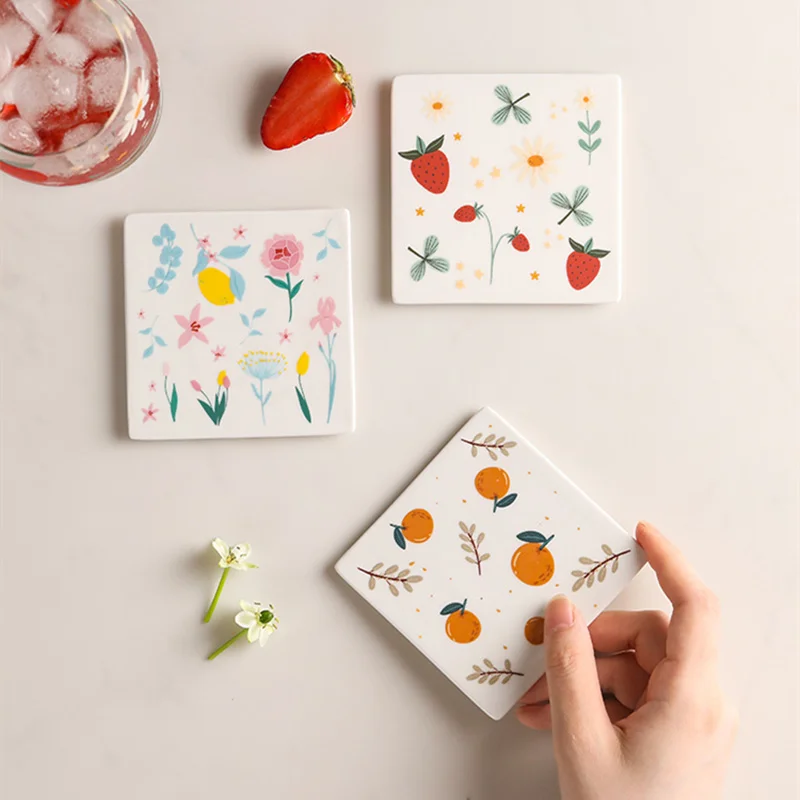 Japan Style Ceramic Square Cup Drink Coasters Lovely Fruits Prints Heat Insulation Pads Anti-Skip Bowl/Pot Holder Placemats