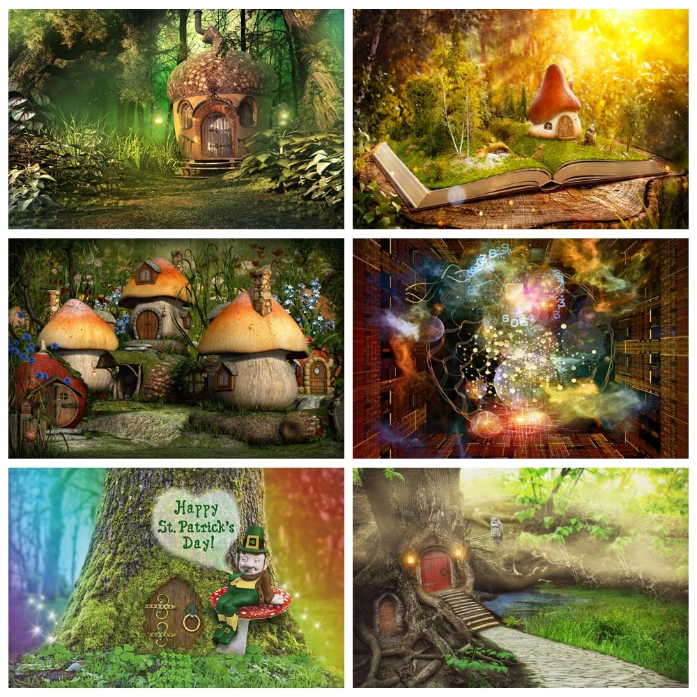 

Laeacco Green Forest Tree Fairytale House Grass Light Baby Child Portrait Photo Backgrounds Photo Backdrops For Photo Studio