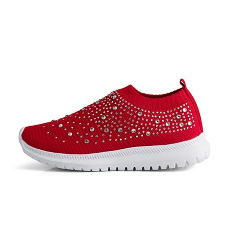 Summer Sneakers Women Flat Shoes Crystal Fashion Bling Sneakers Casual Slip on Sock Trainers Ladies Vulcanize Shoes Basket Femme