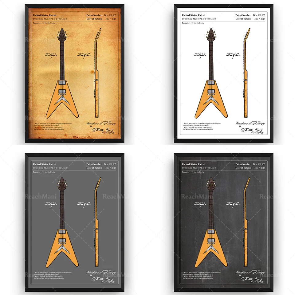 Gibson Flying V 1958 Guitar Colourised Patent Print Wall Art Poster Blueprint Gifts