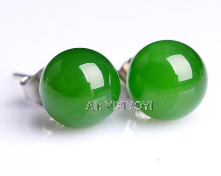 Beautiful 925 Silver Green HeTian Jade 8mm Round Beads Inlay Stud Earrings Woman's Lucky Earring Ear Jewelry Certificate