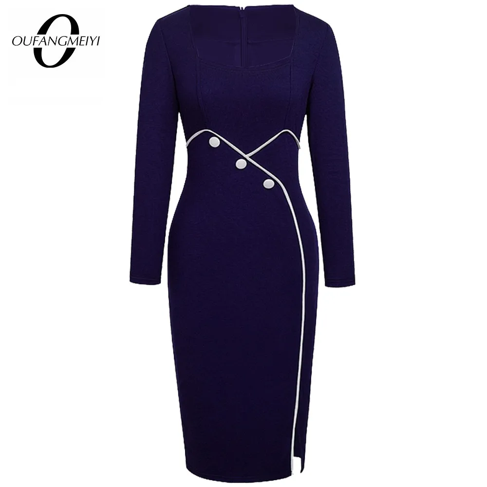 

Winter Women Patchwork Elegant Side Slit Dresses Business Office Vintage Bodycon Pencil Dress 1EB353