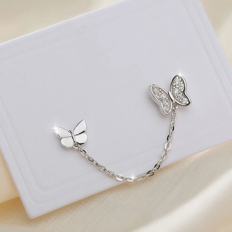 ANENJERY Butterfly Stud Earrings for Women Double Ear Hole Tassel Chain Earrings Jewelry