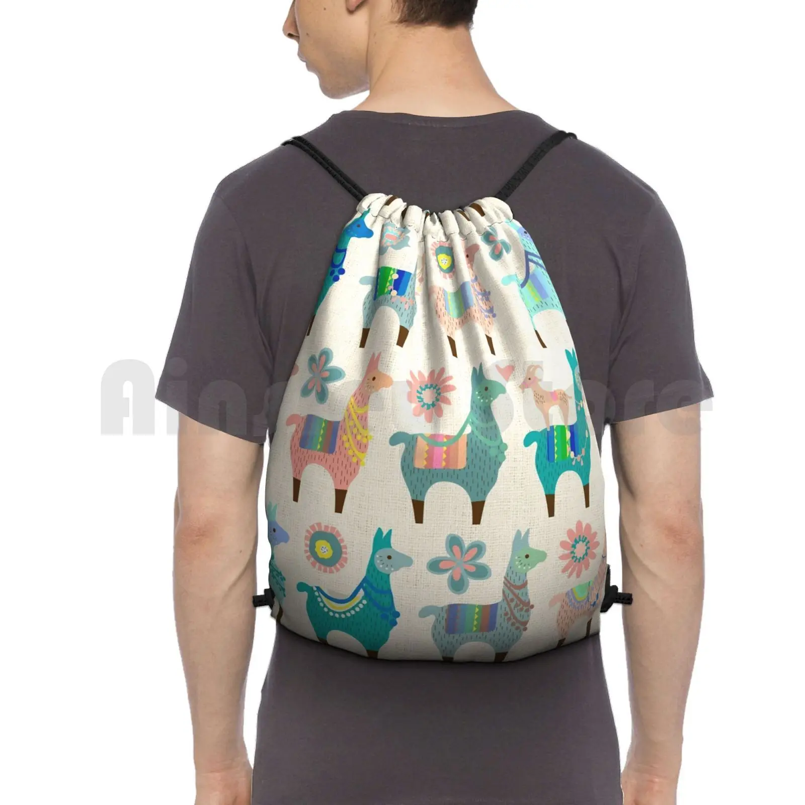 

Llama Fun Backpack Drawstring Bag Riding Climbing Gym Bag Baby Nursery Kids Pastel Llama Llama Alpaca Pack Animals Peruvian