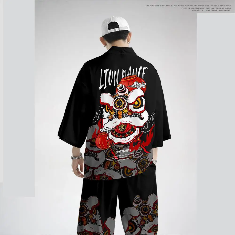 Traditional Black Print Kimono Pant Japanese Samurai Clothing Male Lounge Streetwear Japanischer Stil High-quality