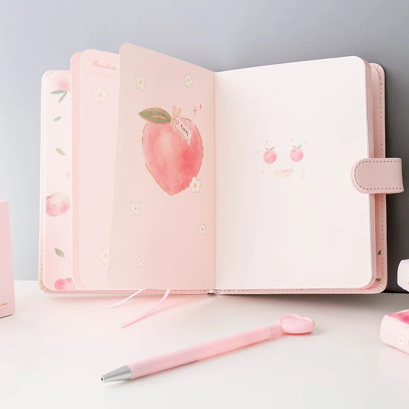 Cute Peach Design Diary Planner for Girl Student Kawaii Small Fresh Color Page PU Magnetic Agenda Journals Notebooks Stationery