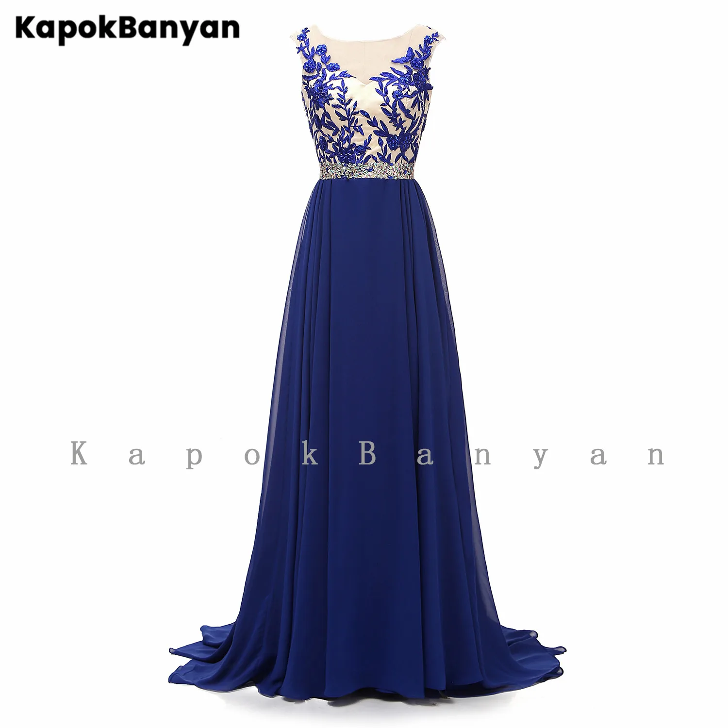 

Applique Rhinestones Belt Scoop Neck Lace up Long Chiffon Formal Evening Dresses Sleeveless Party Gown