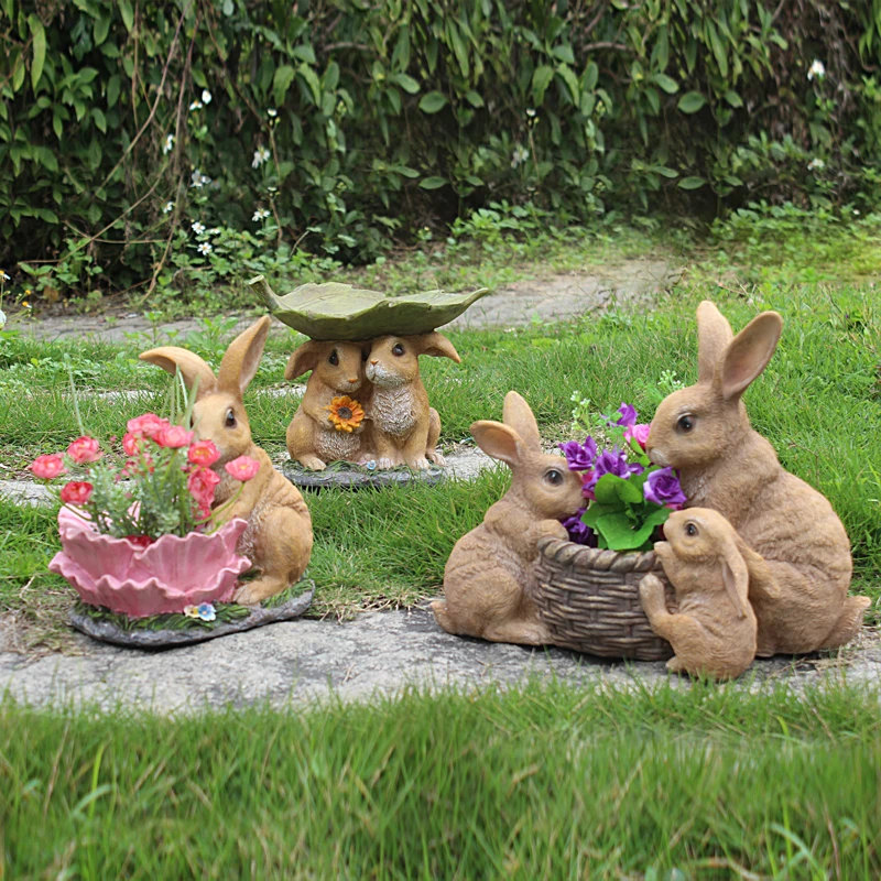 Pastoral Simulation Animal Rabbit Resin Succulent Flower Pot Ornaments Garden Sculpture Crafts Courtyard Figurines Decoration