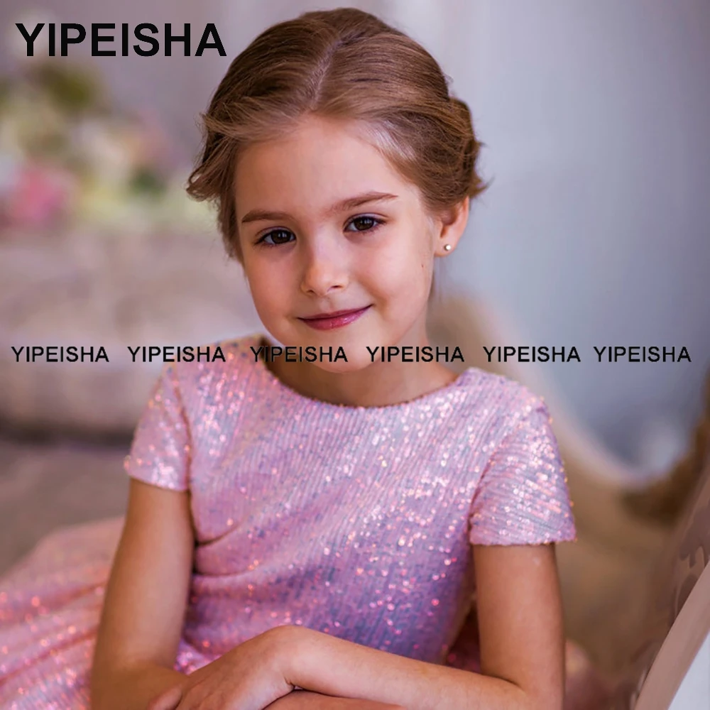 Yipeisha 2021 Rosa Blumen Mädchen Kleider Bogen Ballkleid Kinder Hochzeit Gast Kleid Pailletten Geburtstag Party Kleider vestidos de comunió