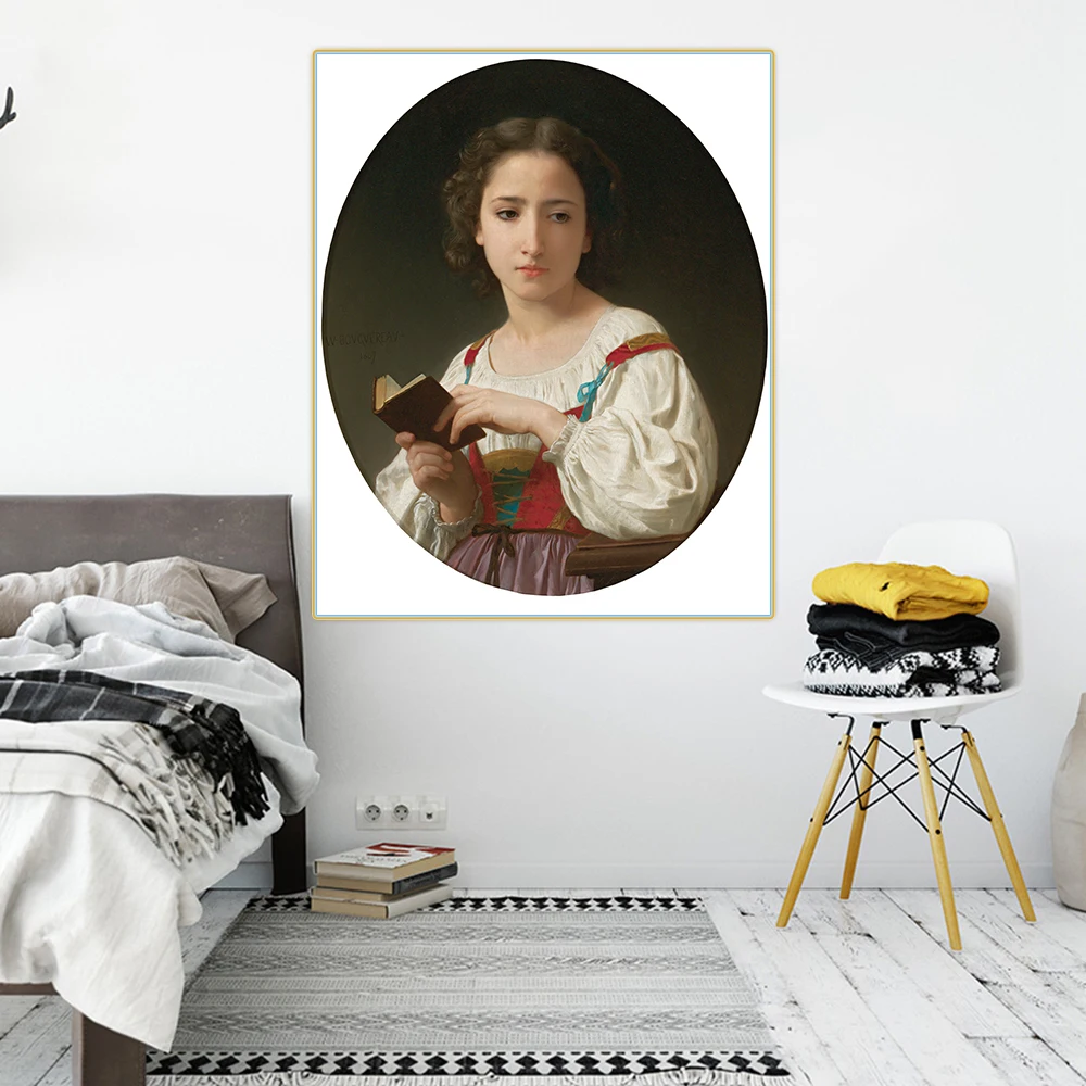 Citon William Adolphe Bouguereau《Le Livre D'Heures》Canvas Oil Painting Artwork Poster Picture Modern Wall Decor Home Decoration