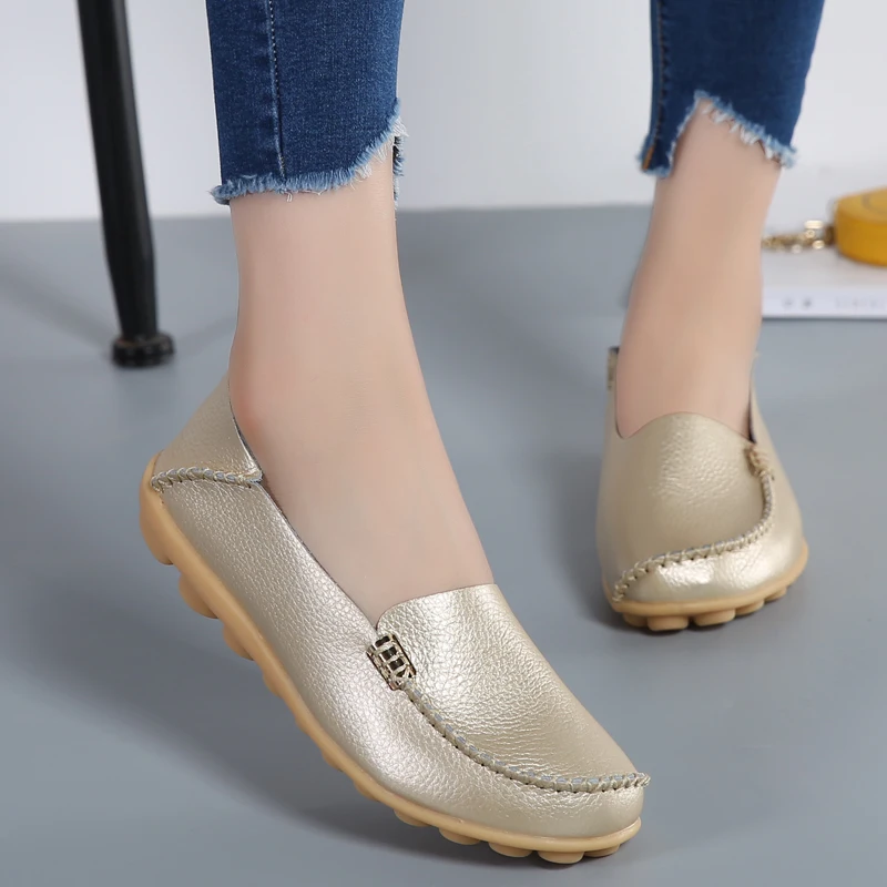 Summer Autumn Women Soft Genuine Leather Breathable Flats Non Slip on Casual Shoes with Round Toe for Mature Ladies Nurse