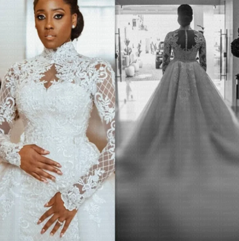 African Mermaid Wedding Dress Detachable Train 2021 High Neck Lace Appliques Arabic Bridal Gowns Long Sleeves Robe De Mariage