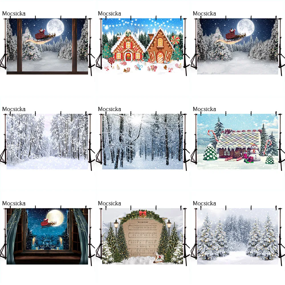 

Santa Claus Christmas Tree Winter Snow Background for Photography Pine Forest Gingerbread House Windows Photo Background Props