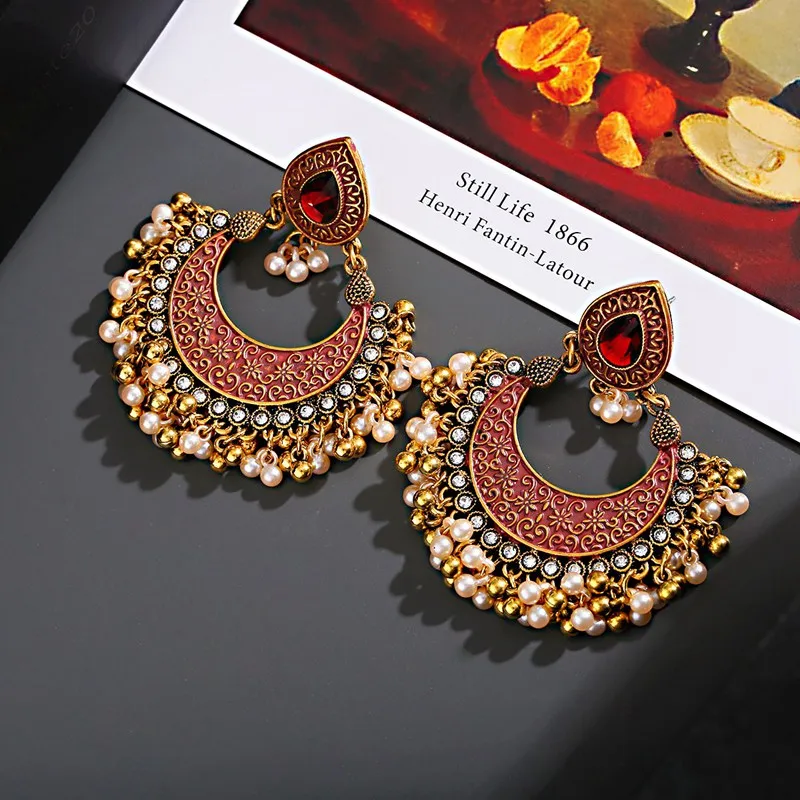 2021 Retro Turkish Red Sector Earrings Women's Vintage Dripping Oil Bohemia Pearl Beads Earrings Tibetan Jewelry