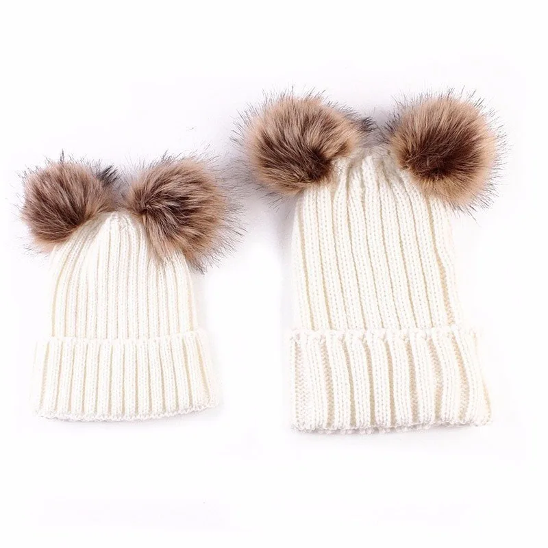 Dropshipping Winter Double Plush Ball Cap Hat for Women Baby Girls Knitted Beanies Cap Hat Thick Female Autumn Gorro New