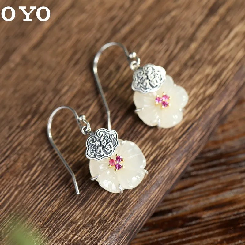 

S925 sterling silver inlay and Tianyu white jade butterfly Fuqi ladies earrings free shipping