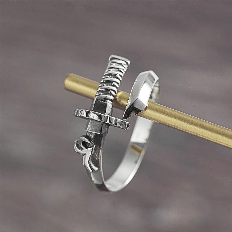 Vintage Samurai Sword Ring Design S925 Sterling Silver Personality Open Resizable Ring Retro Old Original Wholesale Lots Bulk