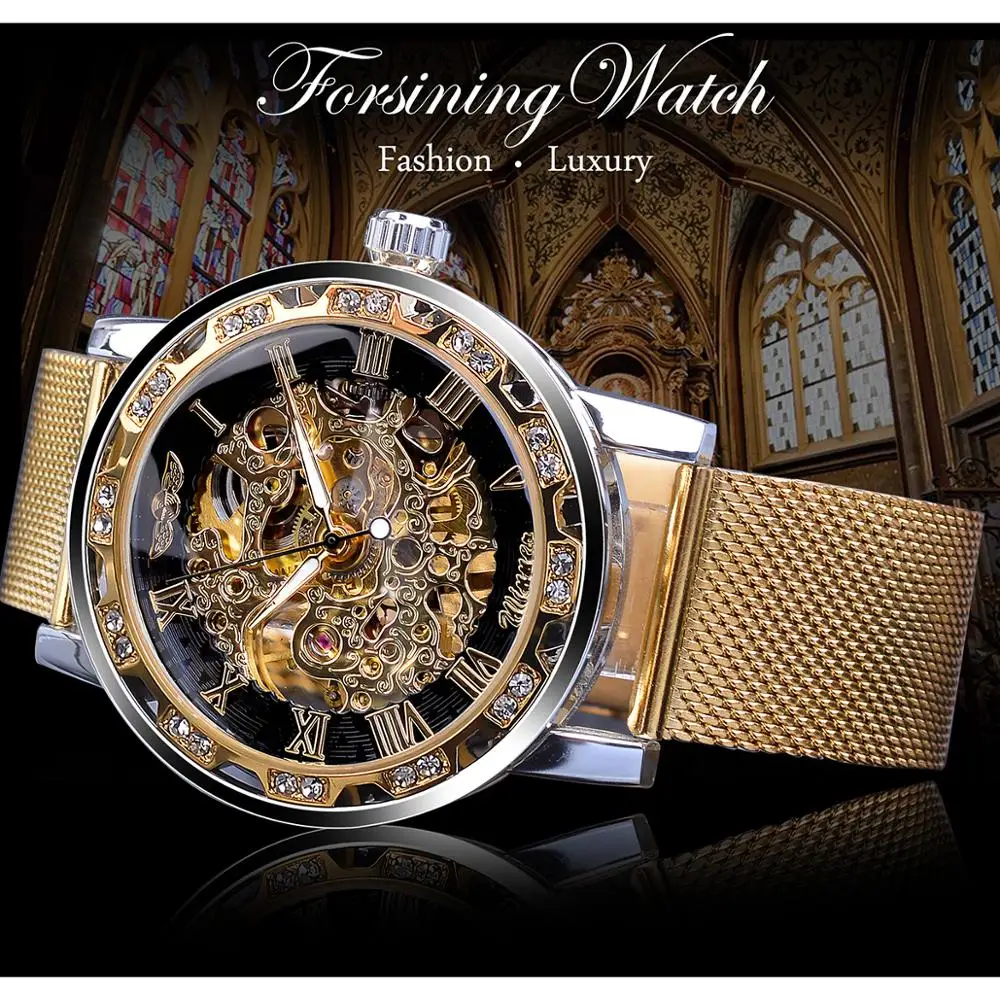 Winner Classic Golden Hand Wind Mechainical Man Wristwatch Top Brand Luxury Rhinestone Fashion Skeleton Business Erkek Kol Saati