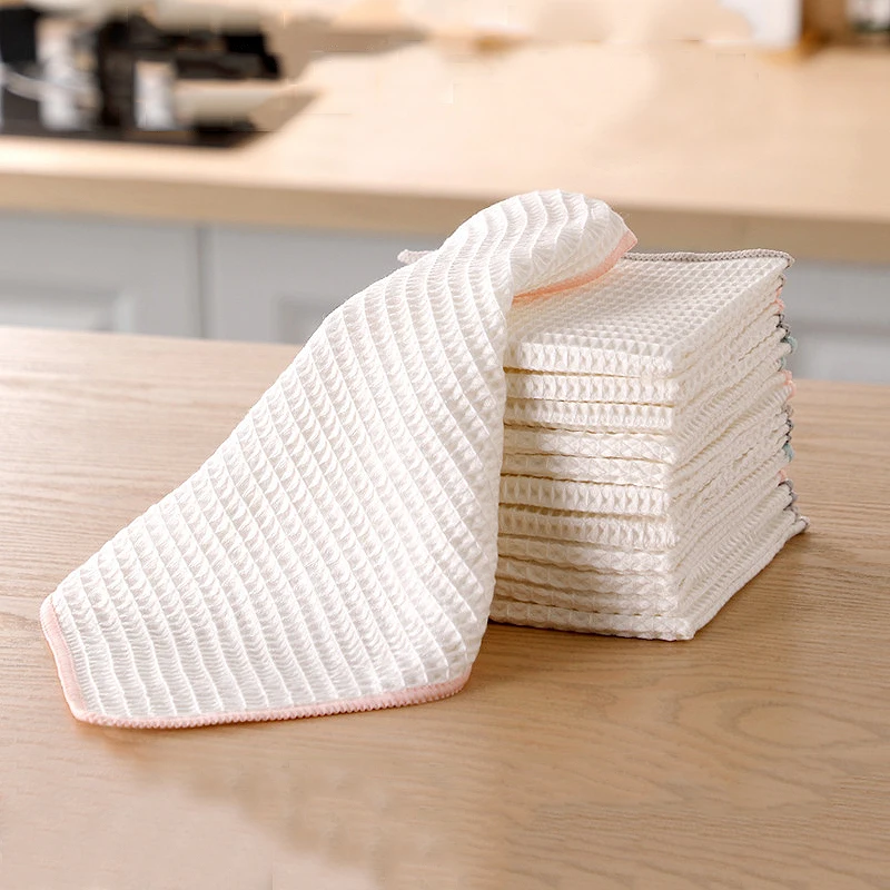 3PCS Bamboo Fiber Dish Towel Non-stick Oil Waffle Soft Kitchen Cleaning Cloth Strong Absorben Scouring Pad Honeycomb Wiping Rag